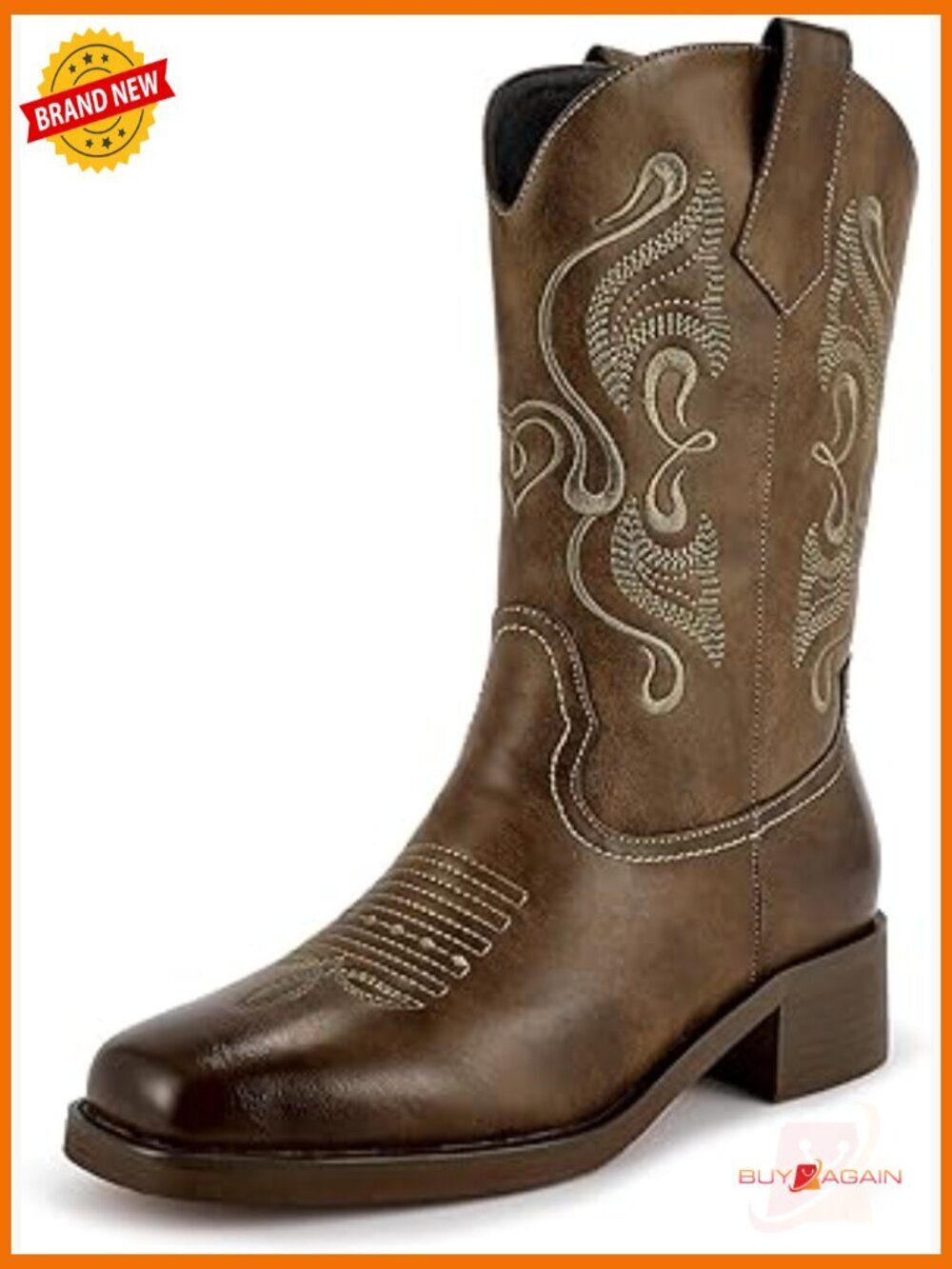 Mid Calf Western Boots Square Toe Slip On Chunky Low Heel Embroidered